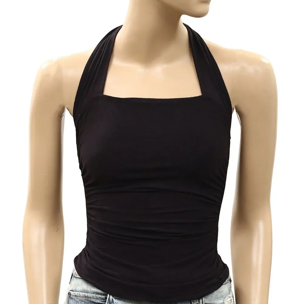 Free People Electric Bloom Halter Blouse Top Ruched Trendy Black Solid L 288759